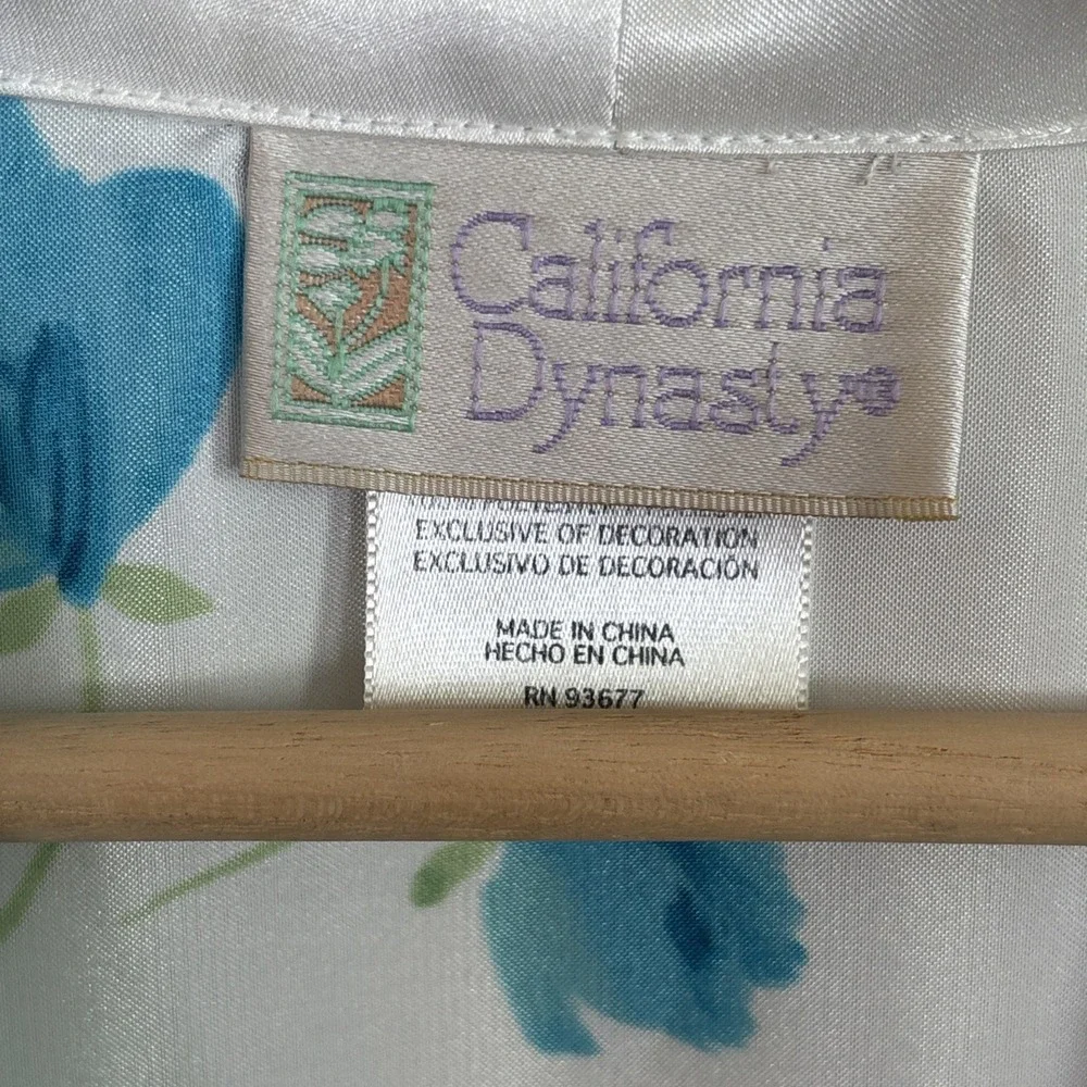 Vtg California‎ Dynasty Womens Robe Sz L Satin Floral Long White Blue Tie